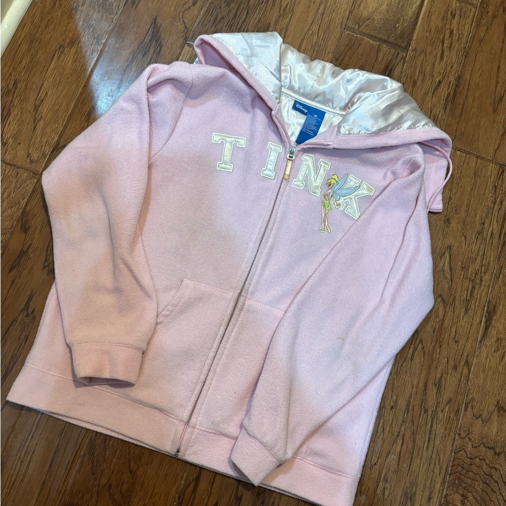 Disney Tinker Bell “Feisty” Pink Fleece Hoodie Women’s Medium Y2K Satin Hood